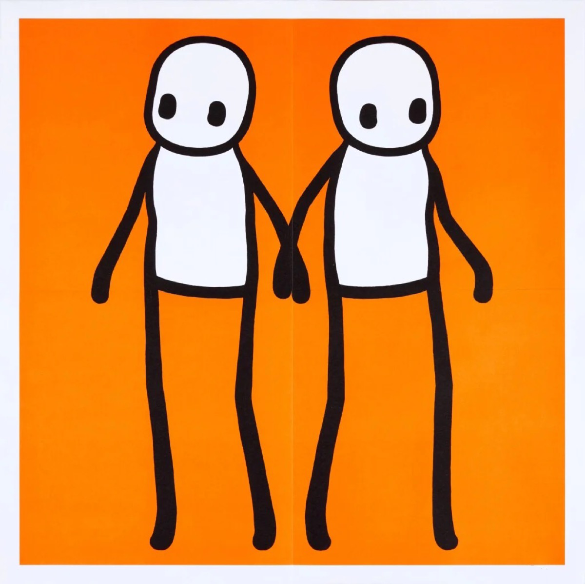 STIK, Hackney Holding Hands Print 2020 | STIK Prints for Sale, Buy STIK art prints, STIK street art prints. Image shows piece of artwork in street art style with two stick figures holding hands, on a orange background