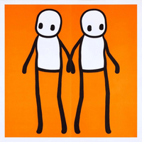 STIK, Hackney Holding Hands Print 2020 | STIK Prints for Sale, Buy STIK art prints, STIK street art prints. Image shows piece of artwork in street art style with two stick figures holding hands, on a orange background