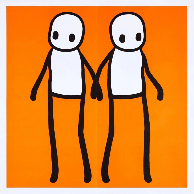 STIK, Hackney Holding Hands Print 2020 | STIK Prints for Sale, Buy STIK art prints, STIK street art prints. Image shows piece of artwork in street art style with two stick figures holding hands, on a orange background