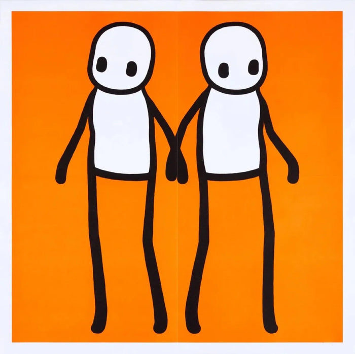 STIK, Hackney Holding Hands Print 2020 | STIK Prints for Sale, Buy STIK art prints, STIK street art prints. Image shows piece of artwork in street art style with two stick figures holding hands, on a orange background