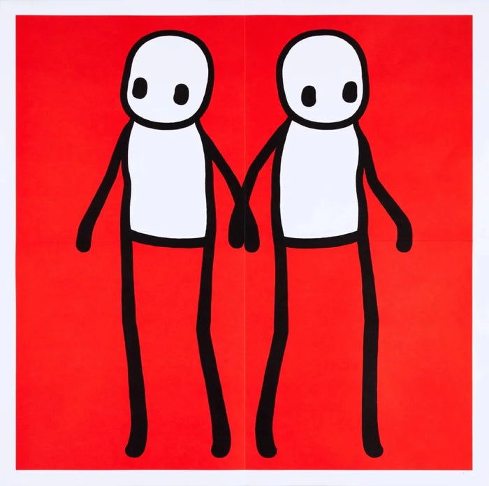 STIK, Hackney Holding Hands Print 2020 | STIK Prints for Sale, Buy STIK art prints, STIK street art prints. Image shows piece of artwork in street art style with two stick figures holding hands, on a red background