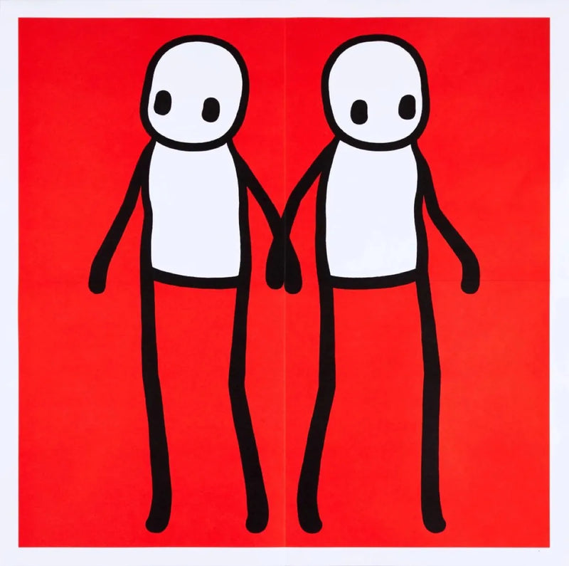 STIK, Hackney Holding Hands Print 2020 | STIK Prints for Sale, Buy STIK art prints, STIK street art prints. Image shows piece of artwork in street art style with two stick figures holding hands, on a red background