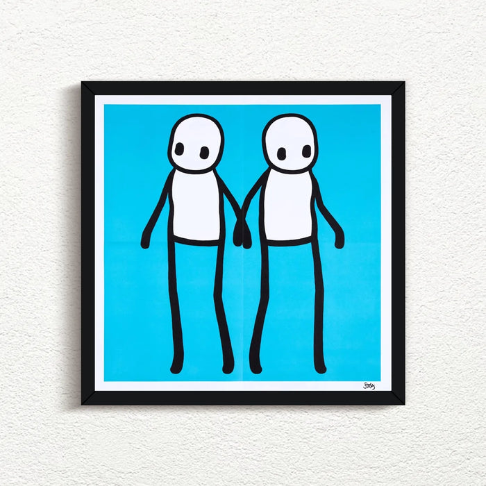STIK, Holding Hands Signed (Blue), 2020 with black frame prints for sale from Smolensky Gallery