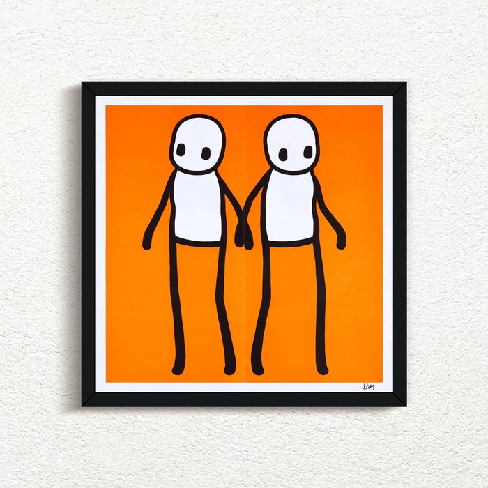 STIK, Holding Hands Signed (Orange), 2020 with black frame, prints for sale from Smolensky Gallery