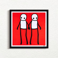 STIK, Holding Hands Signed (Red), 2020 with white frame, prints for sale from Smolensky Gallery