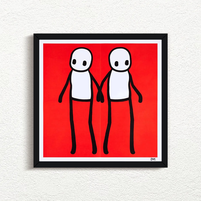 STIK, Holding Hands Signed (Red), 2020 with white frame, prints for sale from Smolensky Gallery