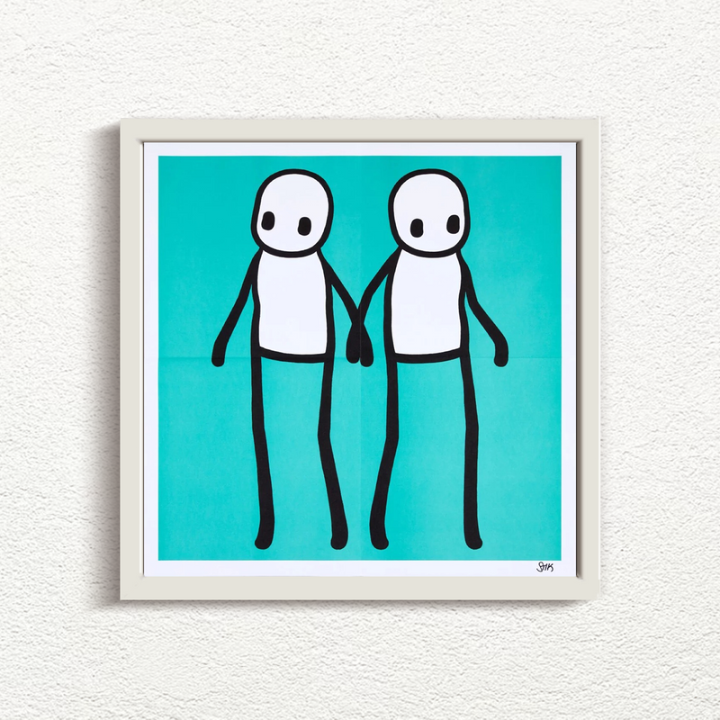 STIK Holding hands signed Teal 2020 prints for sale with white frame from Smolensky Gallery