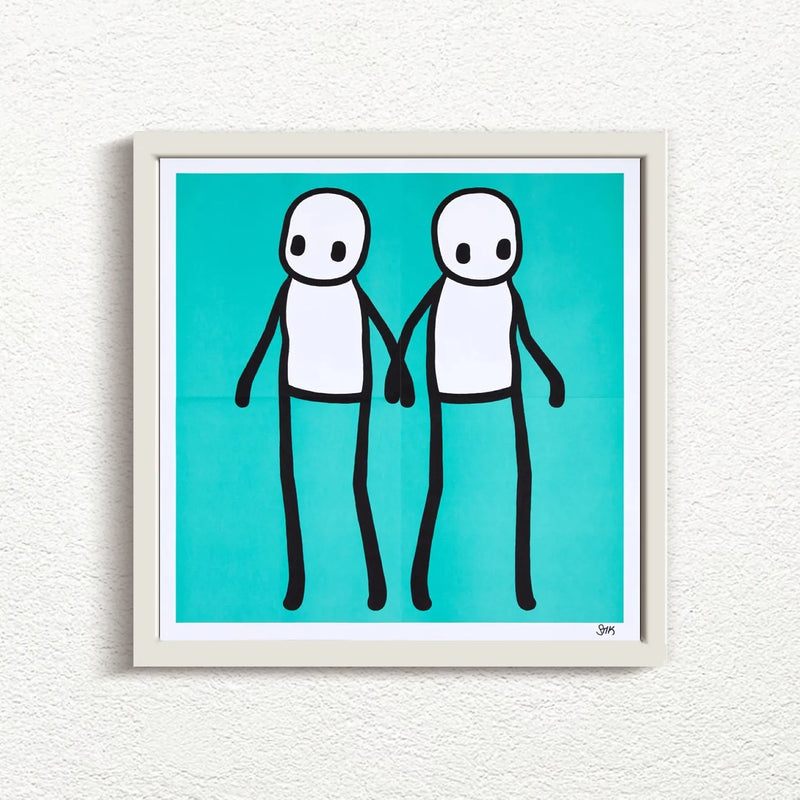 STIK Holding hands signed Teal 2020 prints for sale with white frame from Smolensky Gallery