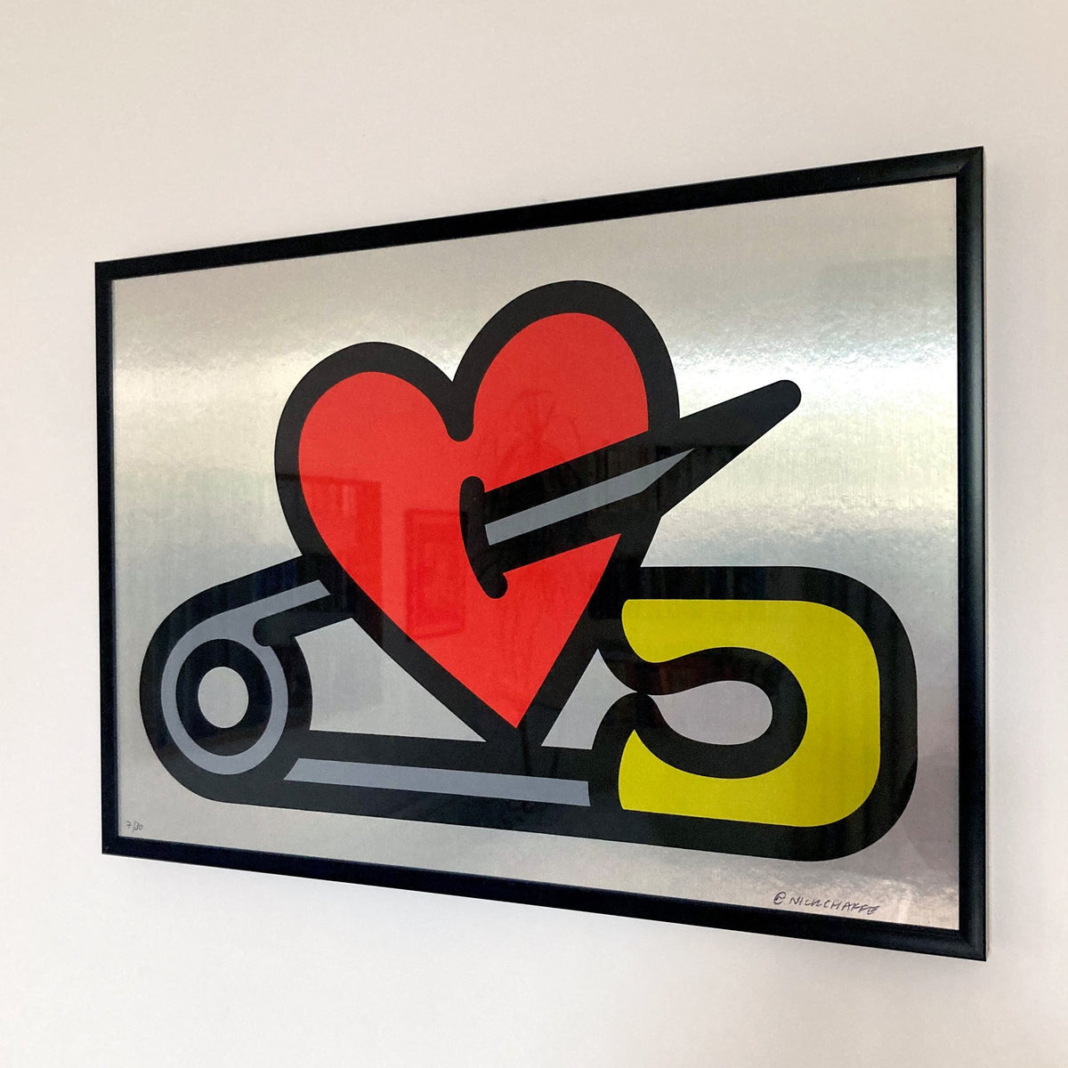 Explore the dynamic world of Nick Chaffe's graphic art, a fusion of bold colors, clean lines, and everyday objects transformed into expressive three-dimensional artworks. This limited edition 4-color screen print on brushed aluminium 305 gsm paper measures 29.7 x 42 cm. Nick's distinctive illustrative style, influenced by skate culture and contemporary music, brings a playful and vibrant energy to your space. Hand-signed and numbered by the artist, each piece is a unique addition to your collection.