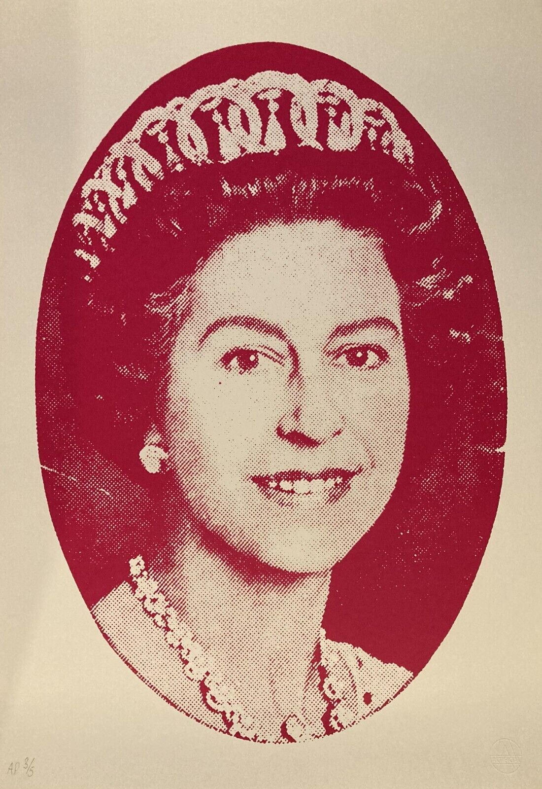 an image of the jamie reid artist proof god save the queen artwork, in a red colourway. the artwork features an image of queen elizabeth, and is known for its relation to the sex pistols promotional material