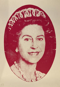 an image of the jamie reid artist proof god save the queen artwork, in a red colourway. the artwork features an image of queen elizabeth, and is known for its relation to the sex pistols promotional material