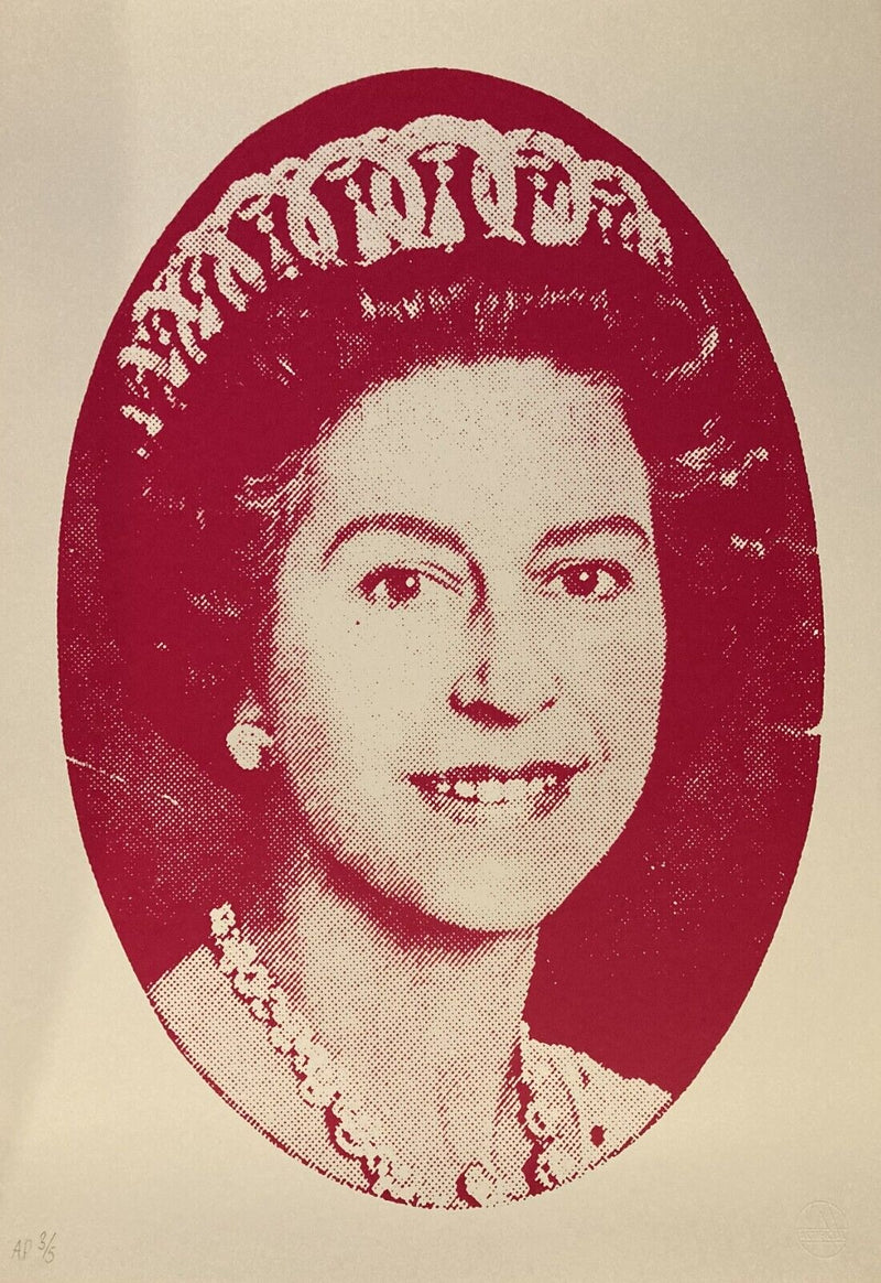 an image of the jamie reid artist proof god save the queen artwork, in a red colourway. the artwork features an image of queen elizabeth, and is known for its relation to the sex pistols promotional material