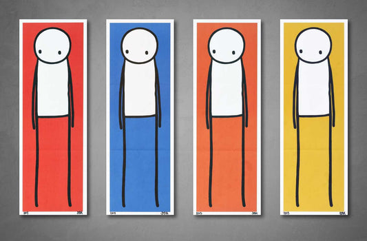 4 lithograph prints from stik in orange, red, blue and yellow featuring a stik man stasnding upright