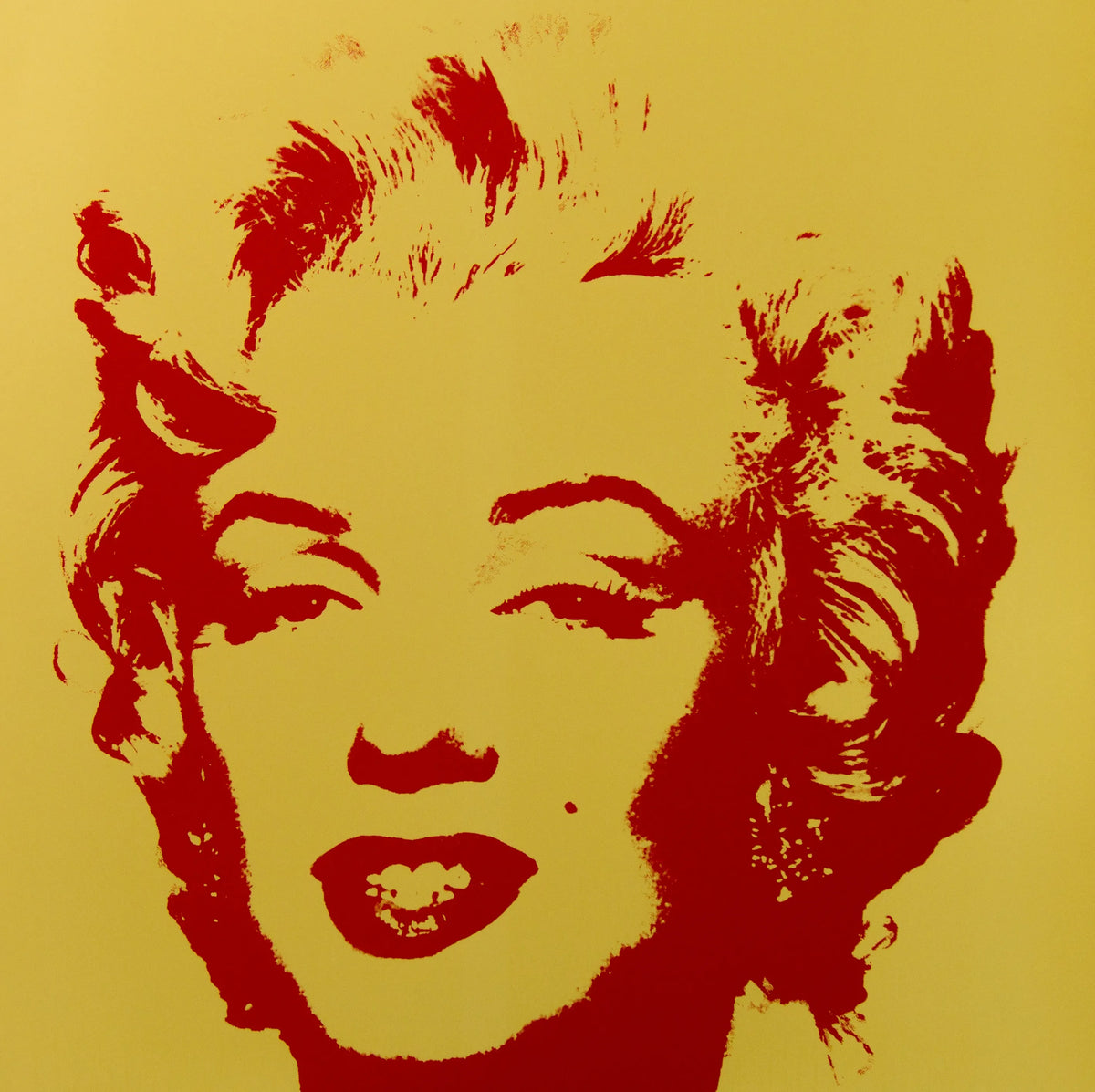 this is a sunday b morning print after andy warhol titled 'golden marilyn 40'. the artwork features a red screenprint of marilyn monroe's face on a golden background. this is a sunday b morning print for sale
