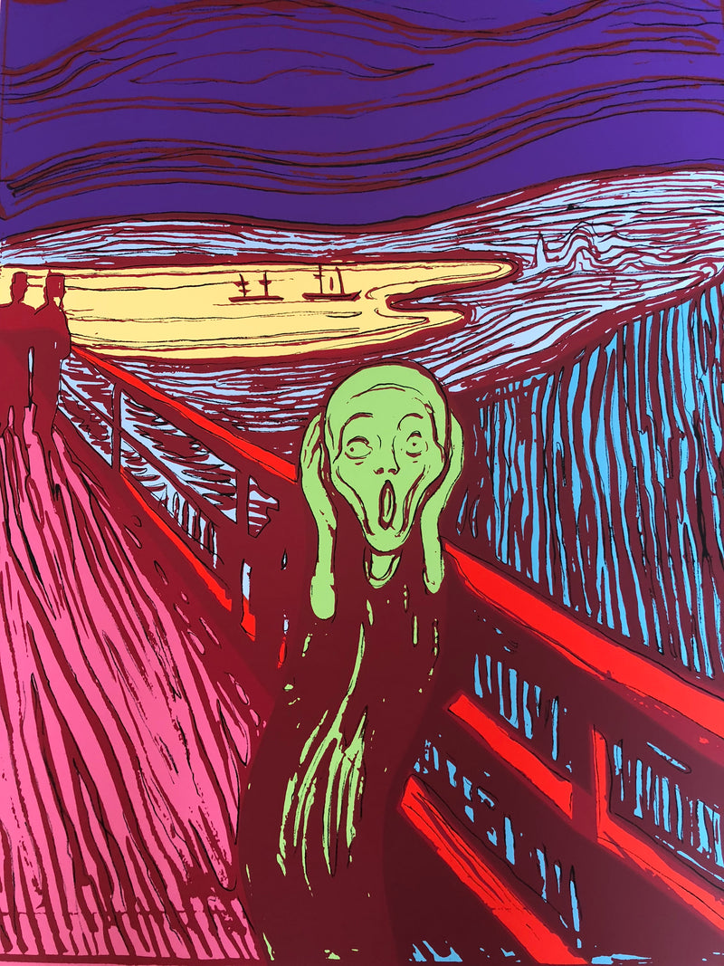 an image of an artwork by andy warhol titled "munch's the scream green". the artwork features an etched or stencilled image of the famous painting the scream. the artwork is in a colourway which features many different colours, including green, blue, red, pink, and yellow. this is a sunday b morning print for sale