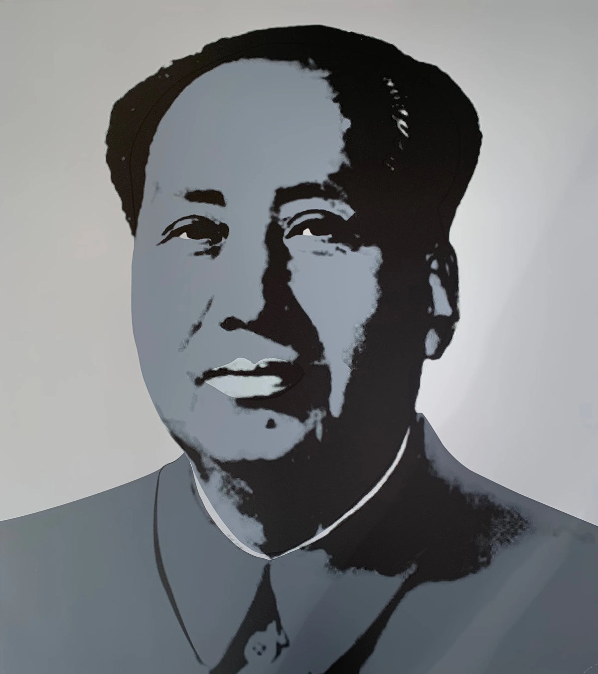 this is an image of a Sunday B Morning print of an artwork by Andy Warhol titled 'Mao Grey'. the artwork features an image of general Mao screenprinted in greyscale, with pointillated shadows. this is a sunday b morning print for sale.