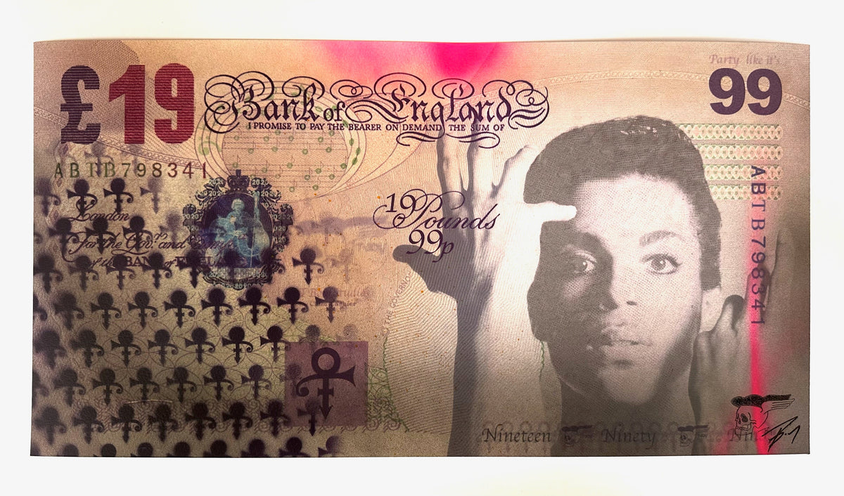 TBOY, 1999 Jumbo Prince bank note edition of 5 hand coloured and embellished, original artwork for sale from smolensky gallery