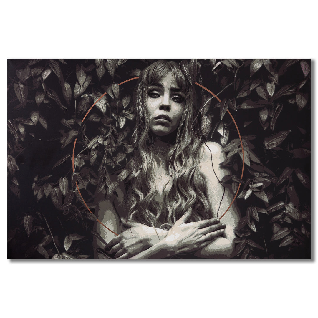 100 x 150 cm canvas from Tank petrol featiuring a woman  with a disconcerted look on a bacground of leaves 