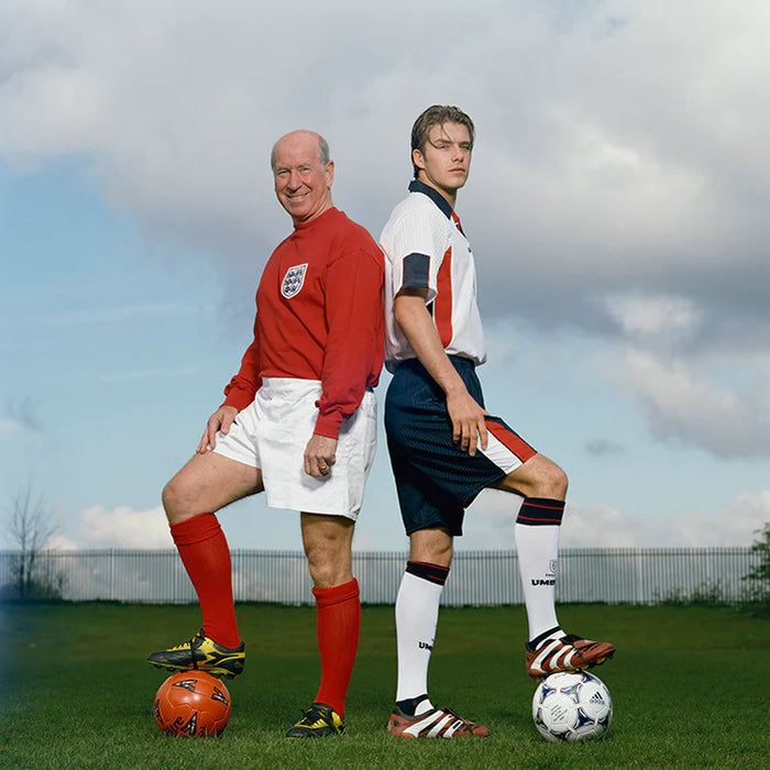 Terry O'Neill, David Beckham and Bobby Charlton, 1990s Limited edition fine art photograph by Terry O'Neill, featuring iconic portrait photography of celebrities and cultural figures. Available for sale at Smolensky Gallery