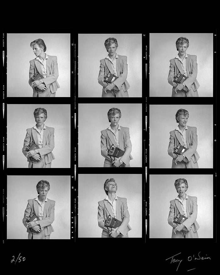Terry O'Neill, David Bowie in Freddie Burretti contact sheet, 1974 Limited edition fine art photograph by Terry O'Neill, featuring iconic portrait photography of celebrities and cultural figures. Available for sale at Smolensky Gallery