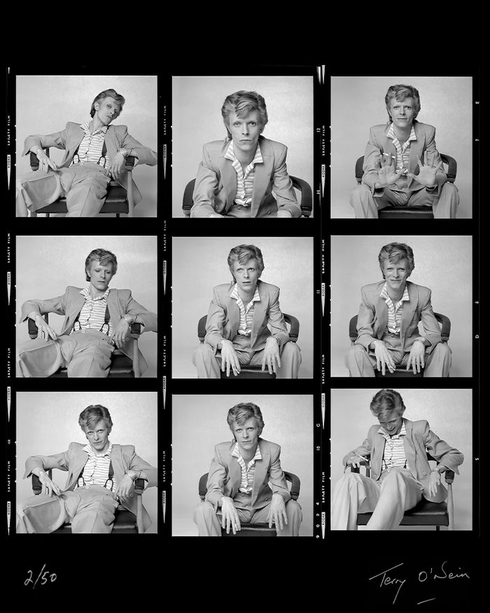Terry O'Neill, David Bowie seated and smoking contact sheet, 1974 Limited edition fine art photograph by Terry O'Neill, featuring iconic portrait photography of celebrities and cultural figures. Available for sale at Smolensky Gallery