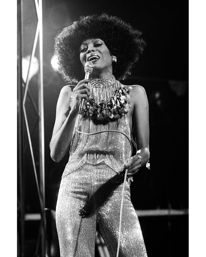 Terry O'Neill, Diana Ross on stage in London, 1973 Limited edition fine art photograph by Terry O'Neill, featuring iconic portrait photography of celebrities and cultural figures. Available for sale at Smolensky Gallery
