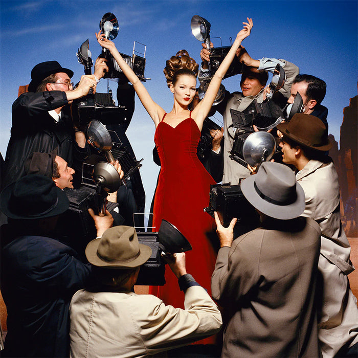 Terry O'Neill, Kate Moss with fake reporters, 1992 Limited edition fine art photograph by Terry O'Neill, featuring iconic portrait photography of celebrities and cultural figures. Available for sale at Smolensky Gallery