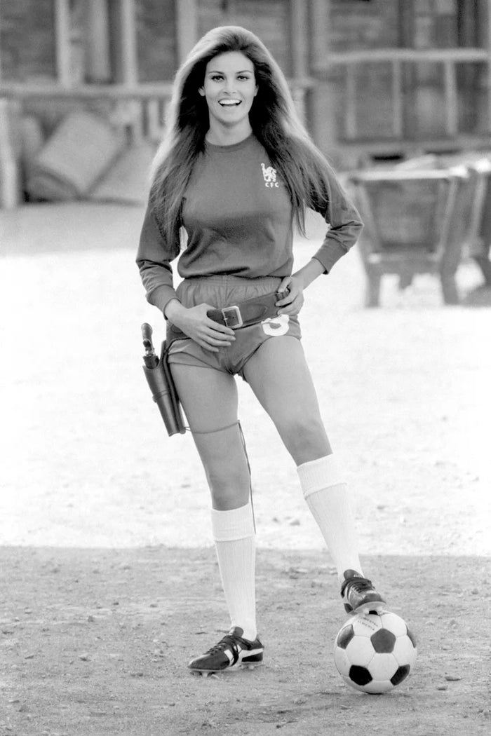 Terry O'Neill, Raquel Welch Wearing a Chelsea FC Kit, 1971 Limited edition fine art photograph by Terry O'Neill, featuring iconic portrait photography of celebrities and cultural figures. Available for sale at Smolensky Gallery
