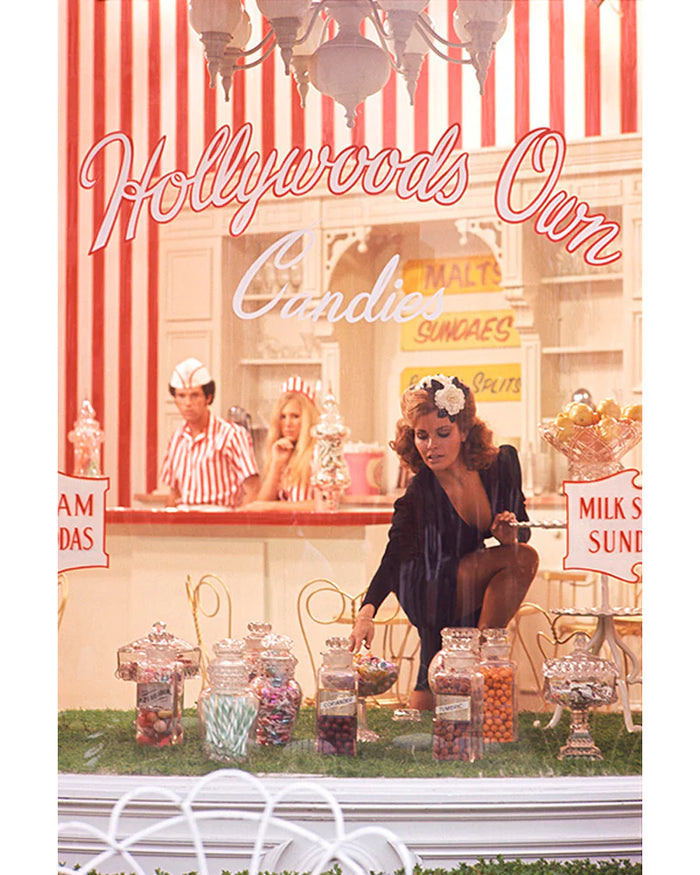 Terry O'Neill, Raquel Welch in a sweet shop, 1970 Limited edition fine art photograph by Terry O'Neill, featuring iconic portrait photography of celebrities and cultural figures. Available for sale at Smolensky Gallery