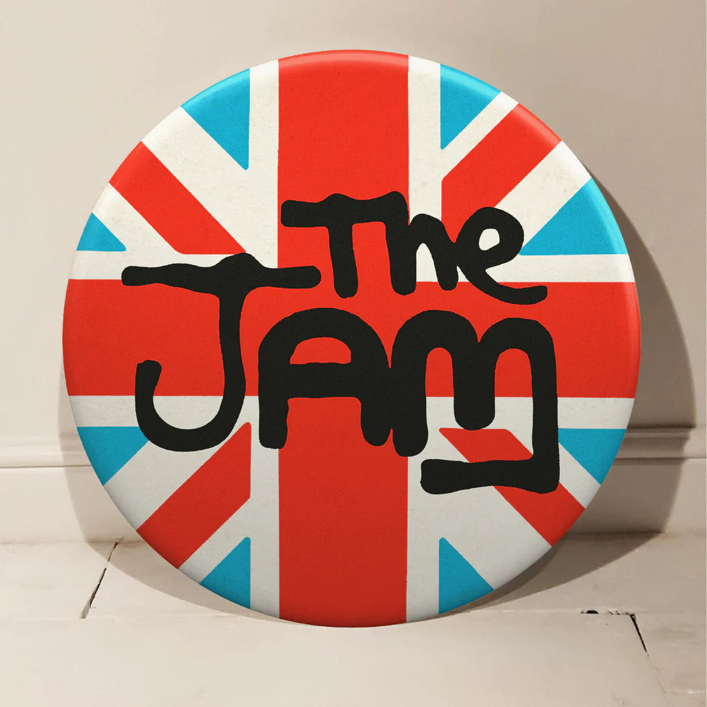Tape Deck Art, The Jam (Union Jack)   Giant 3D badge, printed onto vinyl and wrapped onto a hand spun aluminium badge, hand finished, powder coated, epoxy resin and polished