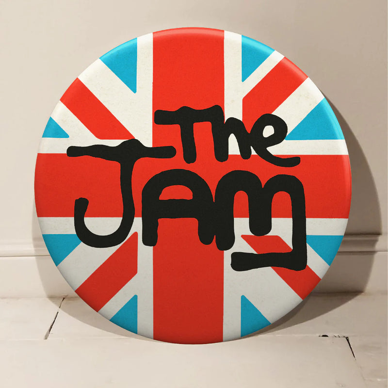 Tape Deck Art, The Jam (Union Jack)   Giant 3D badge, printed onto vinyl and wrapped onto a hand spun aluminium badge, hand finished, powder coated, epoxy resin and polished