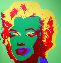 this is an image of a sunday b morning print after andy warhol titled 'marilyn 11:25'. the artwork features a screenprint of marilyn monroe's face on a green background with bright yellow hair, green face, and red shadows. this is a sunday b morning print for sale