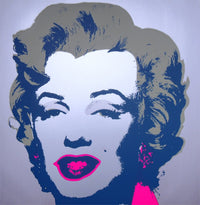 this is an image of a sunday b morning print after andy warhol titled 'marilyn 11:26'. the artwork features a screenprint of marilyn monroe's face on a grey background with yellow hair and fuchsia lips with navy blue shadows. this is a sunday b morning print for sale.