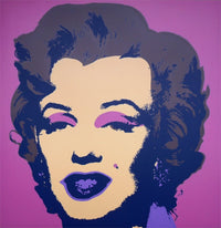 this is an image of a sunday b morning print after andy warhol titled 'marilyn 11:27'. the artwork features a screenprint of marilyn monroe's face on a purple background, with her face in yellow, and brown hair. this is a sunday b morning print for sale.