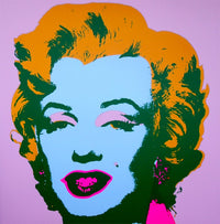 this is an image of a sunday b morning print after andy warhol titled 'marilyn 11:28'. the artwork features a screenprint of marilyn monroe's face on a lilac background with a blue face and yellow hair. this is a sunday b morning print for sale