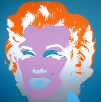 this is an image of a sunday b morning print after andy warhol titled 'marilyn 11:29'. the artwork features a grey screenprint of marilyn monroe's face on a background of teal, orange and lilac. this is a sunday b morning print for sale