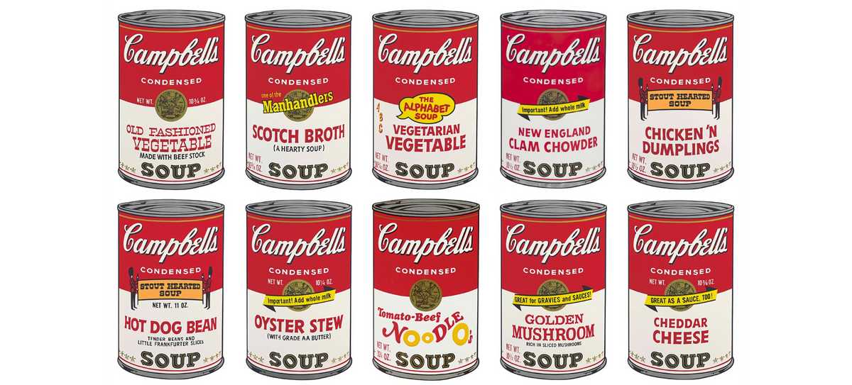 an image of a portfolio of ten sunday b morning prints after andy warhol. the image features 10 artworks by andy warholl from his campbells soup series. these are sunday b morning prints for sale
