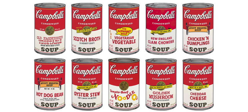 an image of a portfolio of ten sunday b morning prints after andy warhol. the image features 10 artworks by andy warholl from his campbells soup series. these are sunday b morning prints for sale