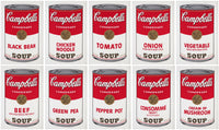 this is an image of a portfolio of ten sunday b morning prints after andy warhol, from the campbells soup series. this image features ten artworks in a grid formation, each with one of andy warhol'd campbells soup works. these are sunday b morning prints for sale