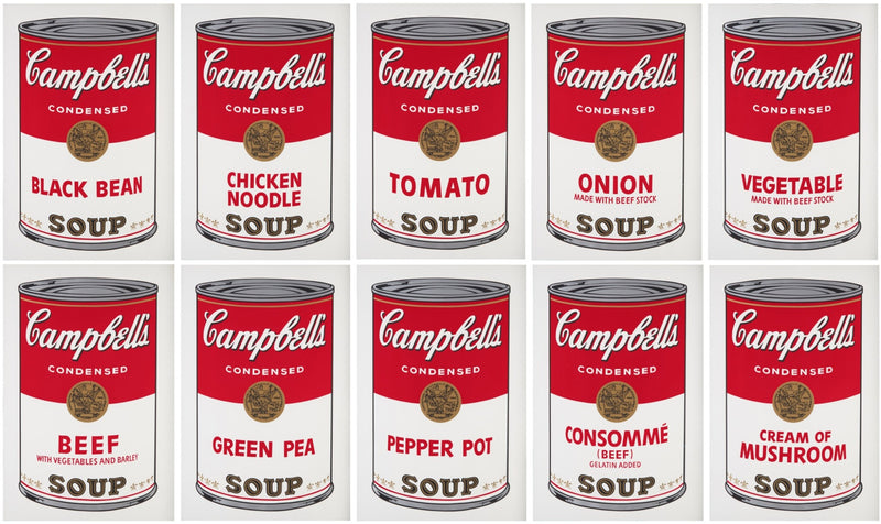 this is an image of a portfolio of ten sunday b morning prints after andy warhol, from the campbells soup series. this image features ten artworks in a grid formation, each with one of andy warhol'd campbells soup works. these are sunday b morning prints for sale