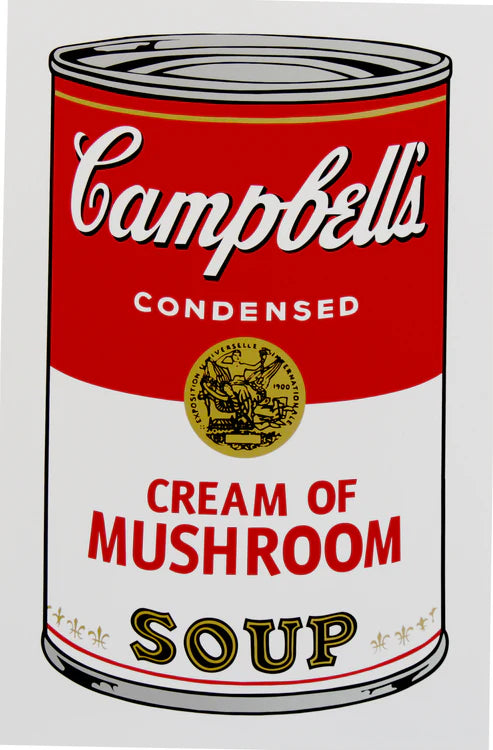 image of andy warhol artwork titled 'campbells cream of mushroom soup'. the artwork features a cartoon-like, pop art depiction of a campbell's soup can, featuring the colours red, white, grey, black, and gold. the can featured in the image reads 'campbells condensed cream of mushroom soup'. this is a sunday b morning print
