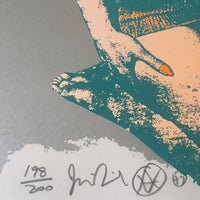 A zoomed in image of Jamie Reid's fuck forever artwork, focusing on the signed bottom of the artwork, showing the edition number of 198 of 200