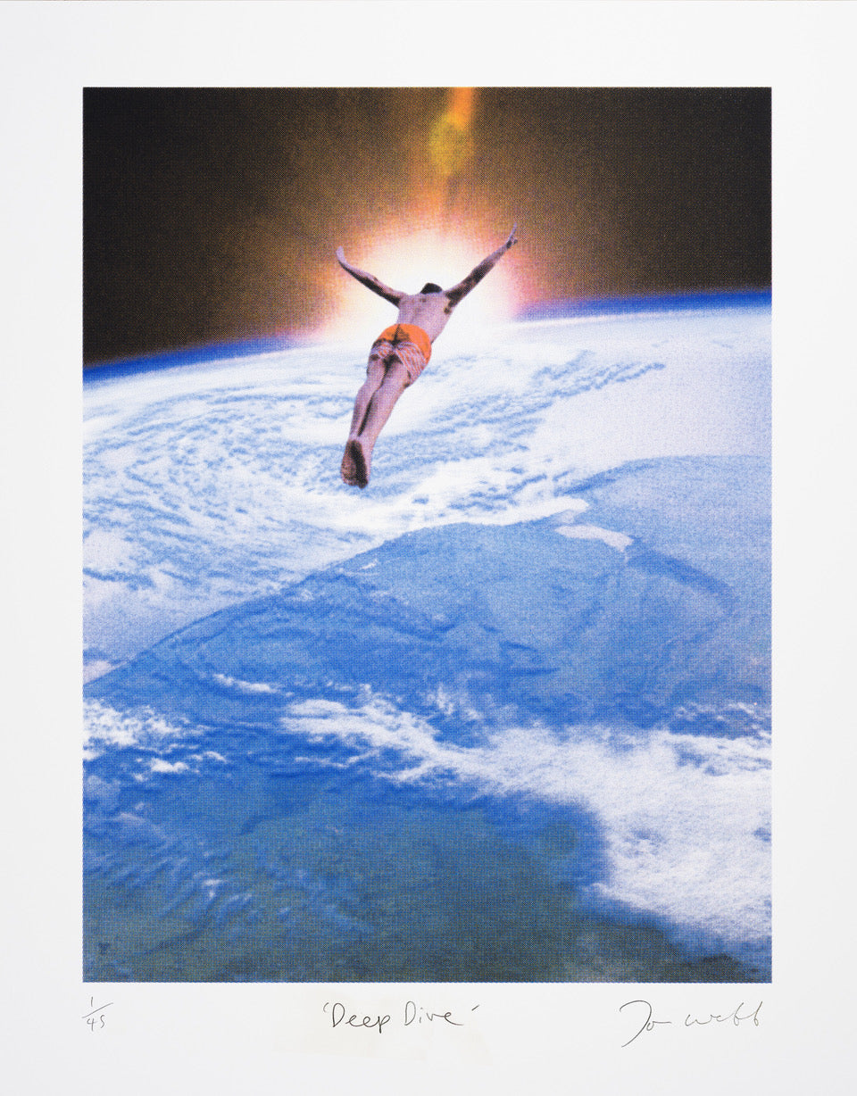 Joe Webb, Deep Dive, 2024 Surreal collage limited edition artwork by contemporary artist Joe Webb for sale, blending vintage imagery with cosmic and pop culture elements, represented by Smolensky Gallery