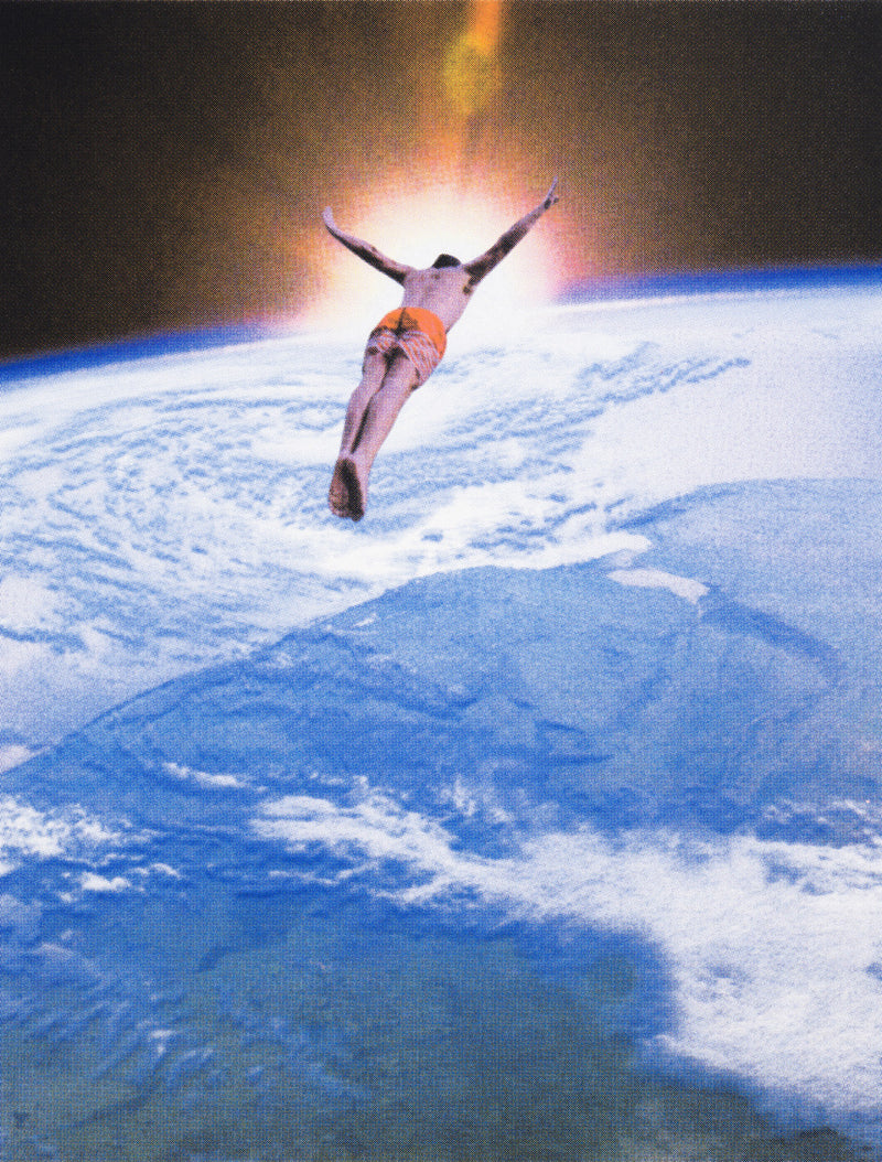 Joe Webb, Deep Dive, 2024 Surreal collage limited edition artwork by contemporary artist Joe Webb for sale, blending vintage imagery with cosmic and pop culture elements, represented by Smolensky Gallery
