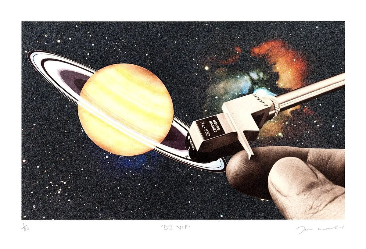 Joe Webb, DJ VIP, 2023 Surreal collage limited edition artwork by contemporary artist Joe Webb for sale, blending vintage imagery with cosmic and pop culture elements, represented by Smolensky Gallery