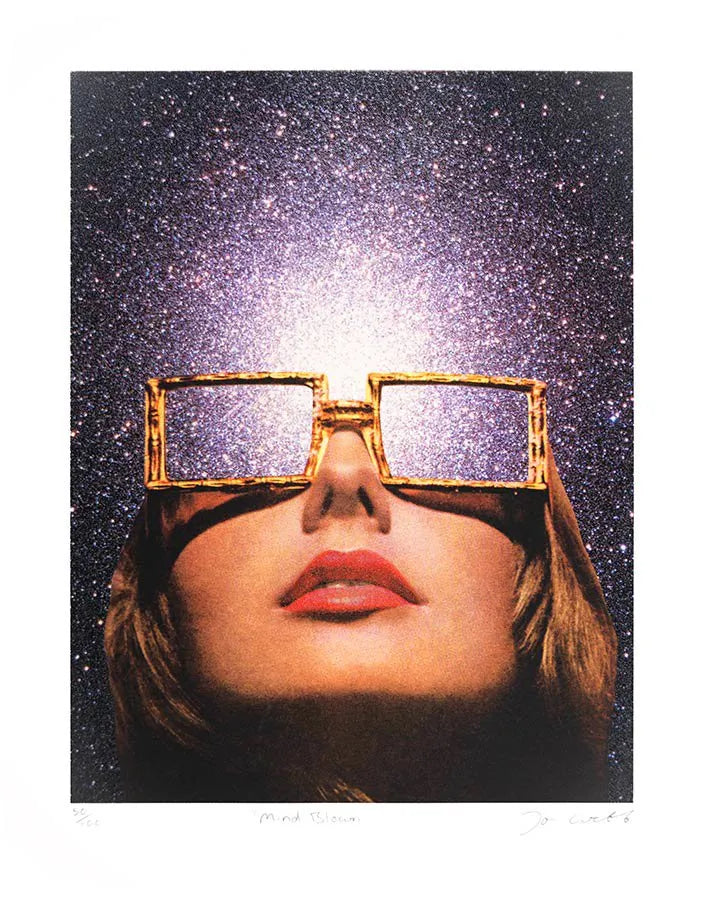 Joe Webb, Mind Blown, 2022 Surreal collage limited edition artwork by contemporary artist Joe Webb for sale, blending vintage imagery with cosmic and pop culture elements, represented by Smolensky Gallery
