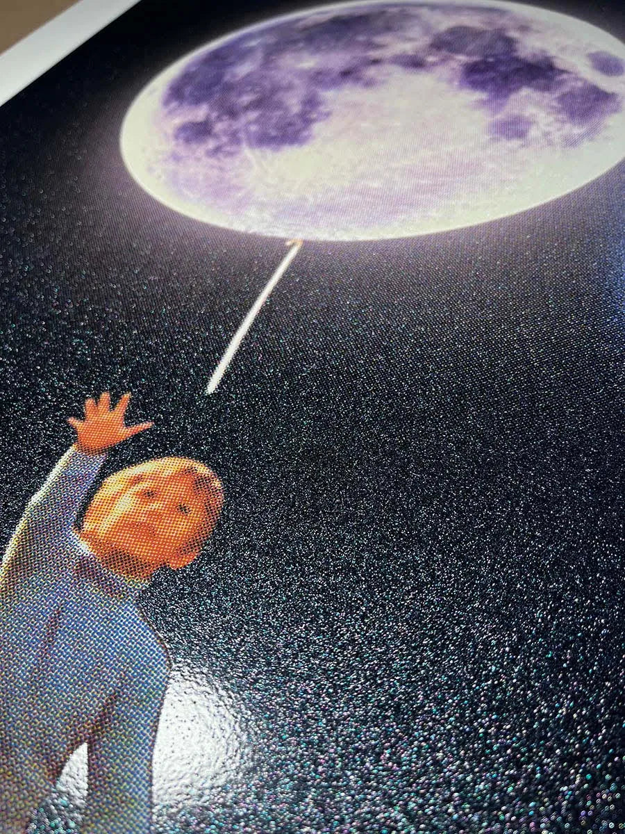 Joe Webb, Small Steps, 2023 Surreal collage limited edition artwork by contemporary artist Joe Webb for sale, blending vintage imagery with cosmic and pop culture elements, represented by Smolensky Gallery