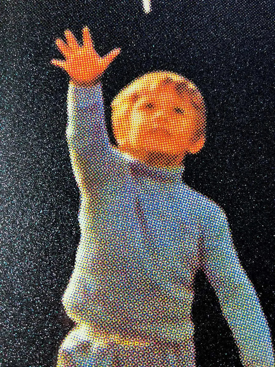 Joe Webb, Small Steps, 2023 Surreal collage limited edition artwork by contemporary artist Joe Webb for sale, blending vintage imagery with cosmic and pop culture elements, represented by Smolensky Gallery