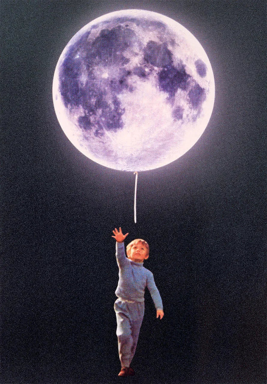 Joe Webb, Small Steps, 2023 Surreal collage limited edition artwork by contemporary artist Joe Webb for sale, blending vintage imagery with cosmic and pop culture elements, represented by Smolensky Gallery
