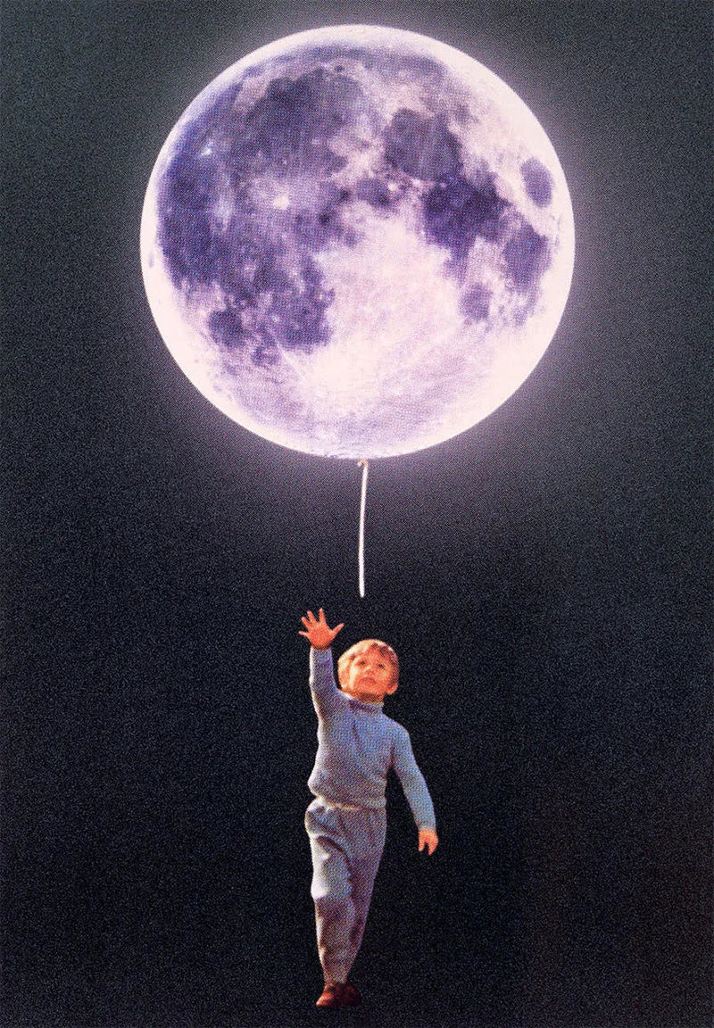 Joe Webb, Small Steps, 2023 Surreal collage limited edition artwork by contemporary artist Joe Webb for sale, blending vintage imagery with cosmic and pop culture elements, represented by Smolensky Gallery